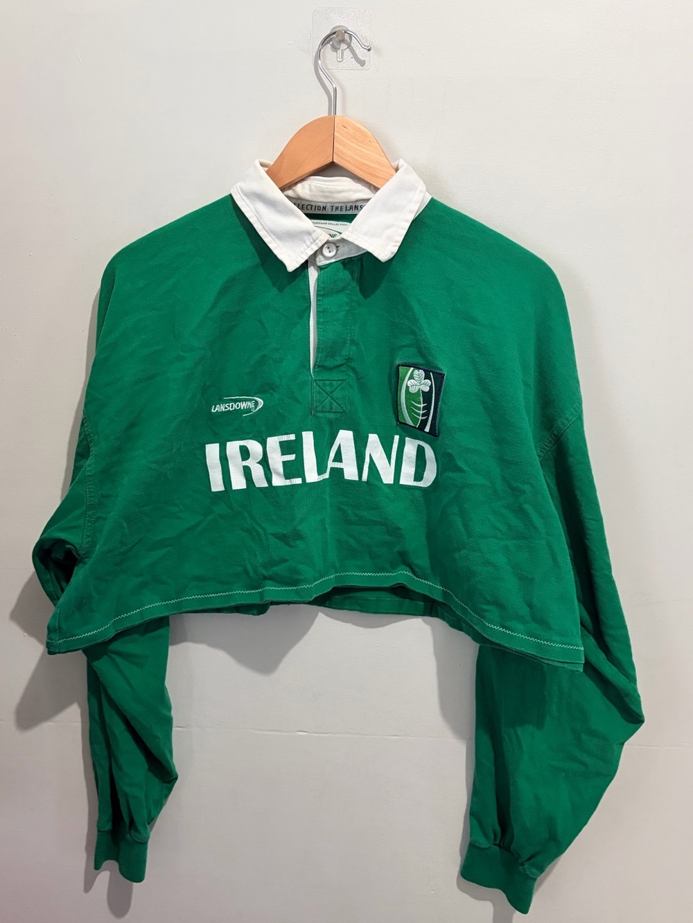 Lansdowne Ireland Green Cropped Rugby Shirt Y2K Streetwear Graphic Shamrock